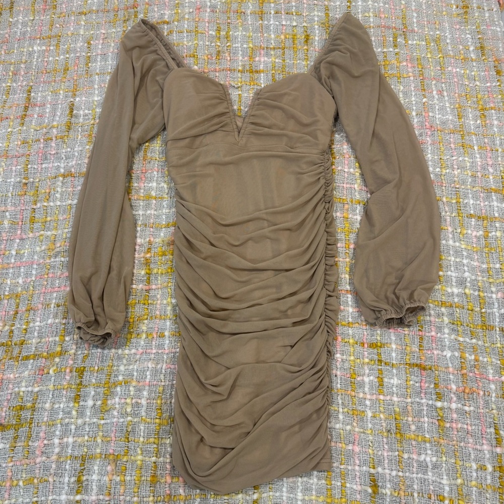 Blush Elegant Long Sleeve Dress in Tan